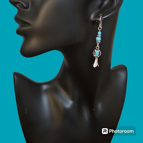 HANDMADE Turquoise Beaded Squash Blossom Western Dangle Hook Earrings - Picture 1 of 4